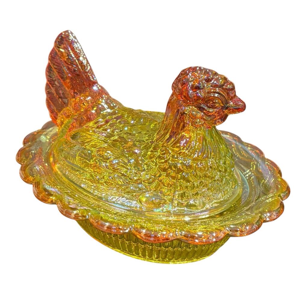 Mosser 7" Hen on Nest Marigold Iridescent Carnival Glass Split Tail CADMIUM Glow